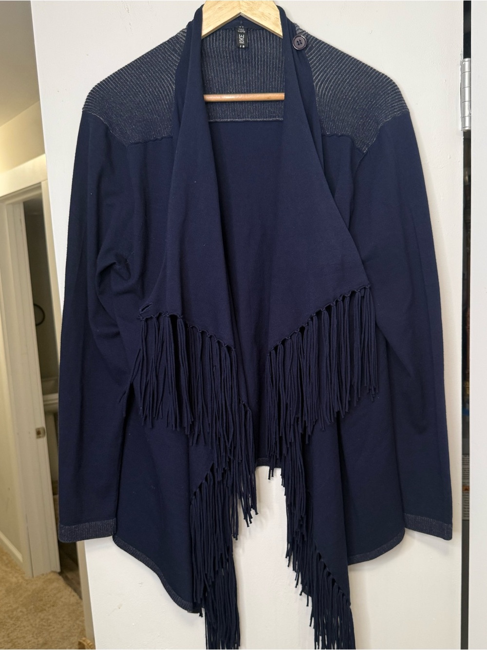 Royce Navy Fringe Open Front Cardigan Sweater Large